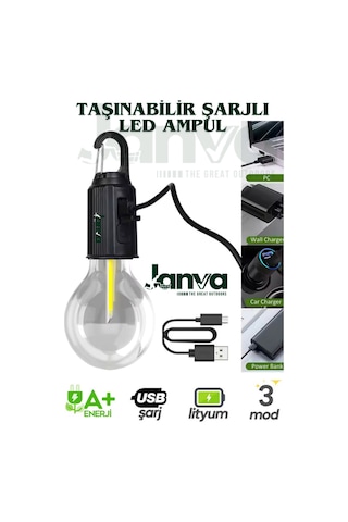 Taşınabilir Şarjlı Led Ampül Outdoor Kamp Bahçe Lambası 11w Askılı Kırılmaz Led Işık Siyah