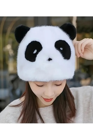 Caş Dekorasyon Siyah Ve Beyaz Renk Panda Figürlü Peluş Şapka Siyah - Beyaz