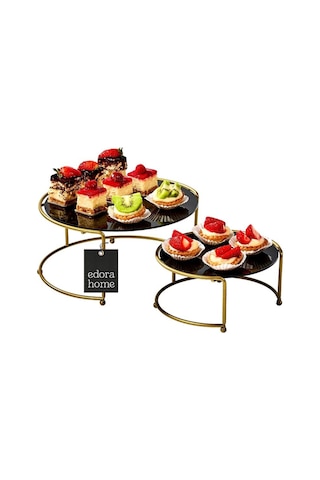 Gold Sunumluk 2'li Küçük Boy Metal Sunumluk Hediyelik Dekorasyon İkramlık / Siyah Pleksi / Paslanmaz