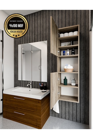 Lisa Bölmeli, Kapaklı Ve Duvara Monteli Banyo Dolabı Çok Amaçlı Dolap Koyu Ceviz