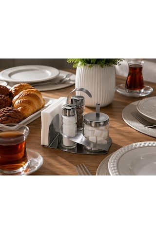 Standlı Cam Ve Metal Tuzluk Biberlik Sosluk Ve Peçetelik Seti Gümüş