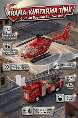 Die-cast Metal İtfaiye Ve Kurtarma Helikopteri Seti - Geri Çek Bırak Hareketli Oyuncaklar