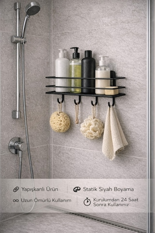Alper Banyo Siyah Yapışkanlı 4 Kancalı Banyo Rafı Ve Havlu Askısı
