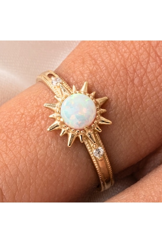 Gümüş Yüzük - Oval Kesim Opal Taşlı Güneş Tasarım 925 Ayar Gümüş Yüzük Sarı