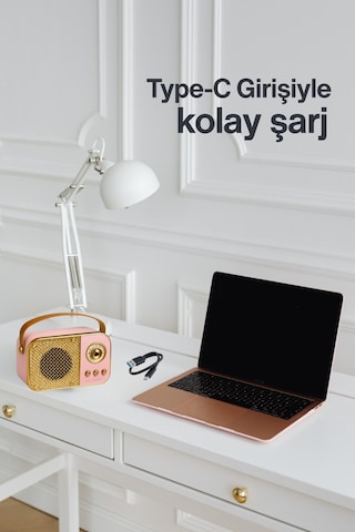 Nostaljik Bluetooth Hoparlör Bluetooth 5.2 Usb & Tf Kart Destekli Led Taşınabilir Speaker Pembe