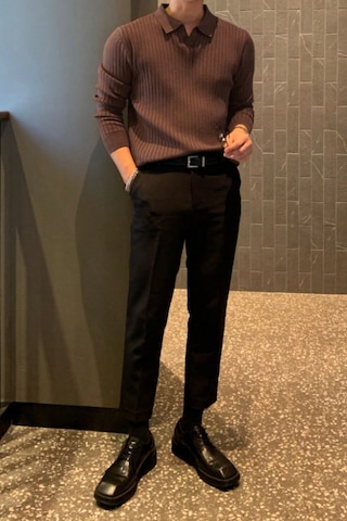 Cool Tarz Erkek Polo Yaka Triko Kazak Slim Fit Fitilli Kahverengi