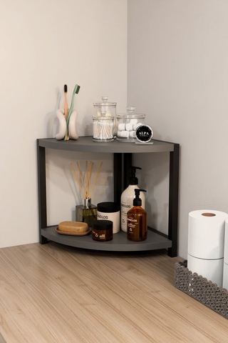 İki Raflı Banyo Köşe Oval Düzenleyici Organizer Raf Metal Gövdeli Çok Amaçlı Banyo Standı Antrasit