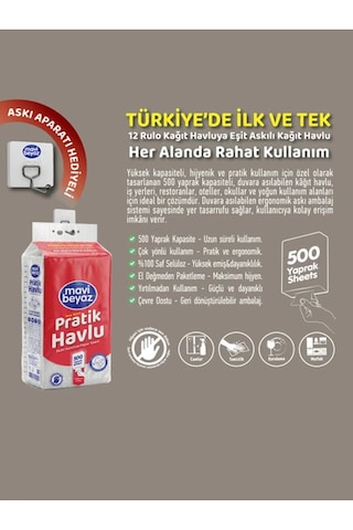 Mavi Beyaz Pratik Havlu 4 Adet 500 Yapraklı - Yeni Nesil Çok Amaçlı Kağıt Havlu Asma Aparatı Hediyeli