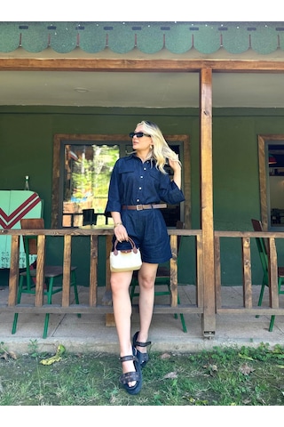 Keymoda Kadın Denim Gömlek Şort Takım Lacivert Lacivert