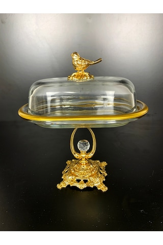Elta Collection Kuş Figürlü Gold Metal Kristal Ayaklı Sunumluk Tereyağlık Peynirlik Kahvaltılık Gold
