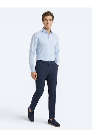 Kip Lacivert Çizgili Dokuma Fitted Fit Klasik %100 Yün Pantolon