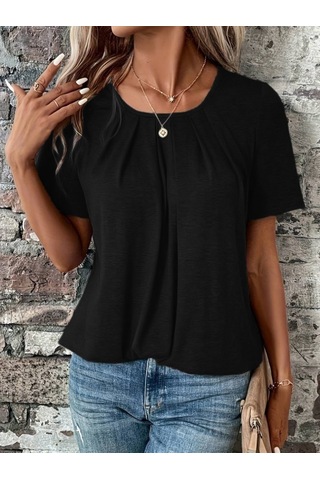 Munn Collection Kadın Kısa Kollu Yuvarlak Yaka Önden Pileli Salaş Viskon Bluz Siyah