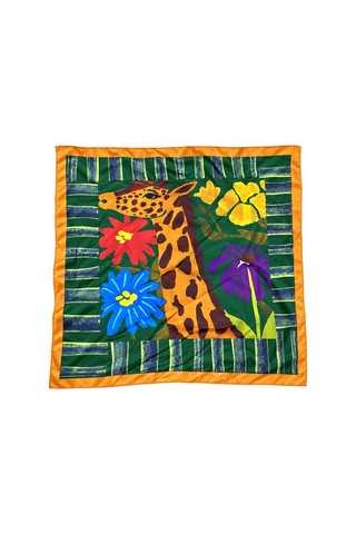 Inno 55x55 Cm Premium Saten Zürafa Desenli Sonbahar Renkleri Dikişli Fular Yeşil