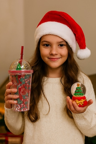 Trend Yeniyıl Yılbaşı 2'li Hediye Seti Noel Geyikli Pipetli Suluk Çam Ağacı Temalı Işıklı Kar Küresi Çok Renkli