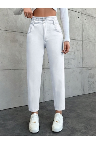 Shevega Kadın Beyaz Kemer Büzgülü Lastikli Mom Jeans Pantolon Beyaz