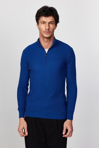 Tudors Slim Fit Dar Kesim Dik Yaka Fermuarlı Desenli Saks Mavi Erkek Triko Kazak-28922 Saks