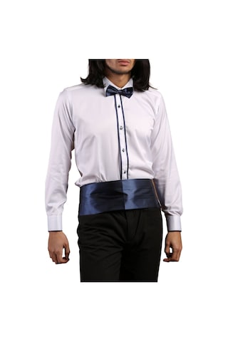 Dicotto Beyaz Lacivert Çift Bieli Damatlık Ata Yaka Kol Düğmeli Slim Fit Smokin Gömlek - 011 001