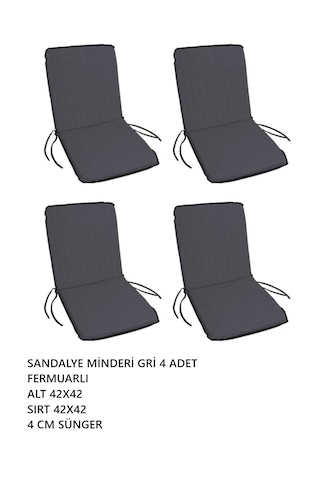 Sandalye Minderi Yıkanabilir Fermuarlı Lastikli 4'lü Gri 4 Cm Sünger Alt 42x42 Sırt 42x42 Gri