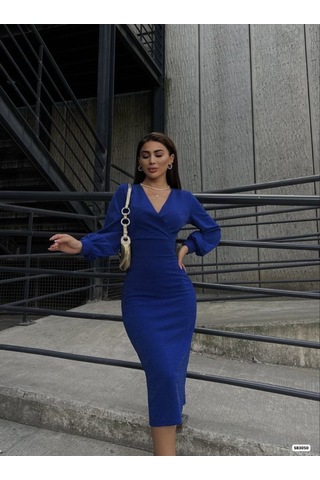 Butik İstanbul Kadın Kruvaze Yaka Balon Kol Simli Krep Kumaş Midi Boy Elbise Saks