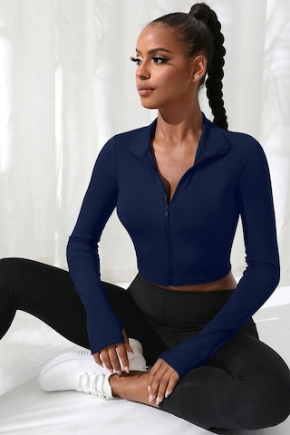 Cosmos E-ticaret Kadın Lacivert Uzun Kol Fermuarlı Parmak Geçme Detaylı Dik Yaka Crop Top Bluz Çok Renkli