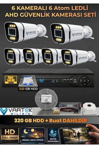 6 Kameralı 6 Atom Led Gece Renkli Görüşlü Güvenlik Kamerası Seti + 320 Gb Hdd