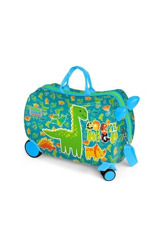Coral High Kids Mavi Yeşil Dinozor Desenli Otur-çek Çocuk Valizi 16361 Çok Renkli