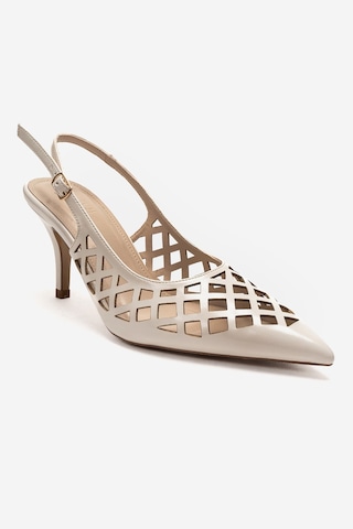 Luvishoes Jever Bej Cilt Lazer Kesim Sivri Burun Slingback Kadın İnce Topuklu Ayakkabı Bej