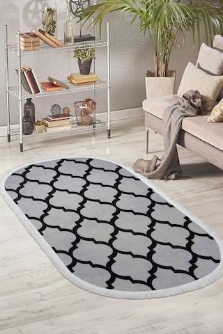 Dijidekor Dekoratif Dijital Saçaklı Oval Kesme Halı Yolluk Antialaerjik Maça Gri 60x150
