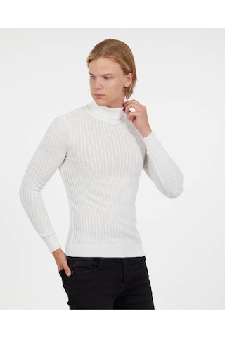 Slim Fit Naturel Pamuk Balıkçı Yaka Kazak Tüylenmeyen Rahat Slimfit Triko Dar Kesim Kazak Ekru