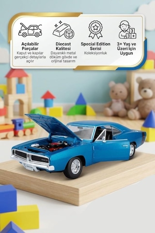 Maisto Lisanslı Metal Dodge Charger R/t 1969 1:25 Kapısı Ve Kaputu Açılabilir Oyuncak Model Araba Mavi