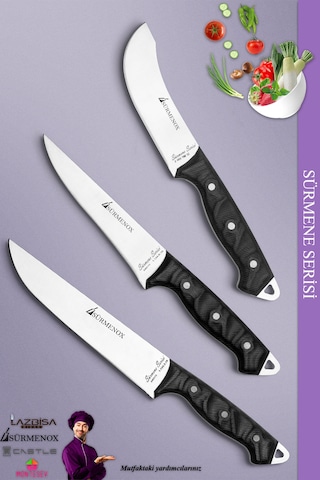Sürmene Serisi Mutfak Bıçak Seti Et Ekmek Sebze Salata Bıçağı 3 Lü Set Siyah Mft-132 Siyah