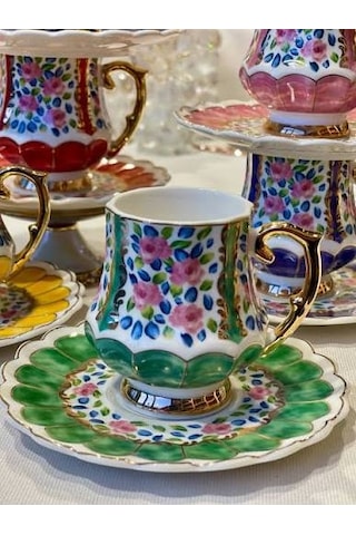Acar Queen Victorya El Boyama Porselen 6 Lı Fincan Takımı 90 Ml Çok Renkli