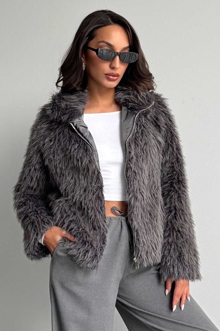 Verymoda Yapay Kürk Kadın Ceket Fermuarlı, Yumuşak Dokulu Modern Kışlık Mont F2037 Gri
