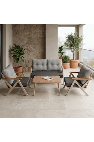 Venedik 2+1+1+sehpa Metal Balkon Takımı Keten Dokulu Kumaş Cappuccino Metal - Bahçe Teras Oturma Grubu