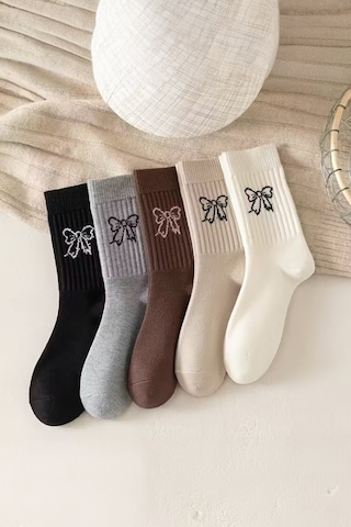 Hitit Socks Kadın 5 Çift Premium Kalite Kurdele Desenli Günlük Kullanıma Uygun Kolej Çorap Çok Renkli