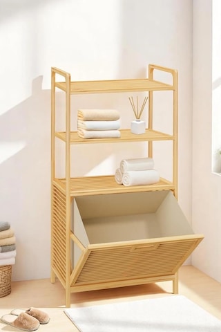 Bambu Xl Kirli Sepetli 3 Raflı Çok Amaçlı Banyo Düzenleyici Çamaşır Sepeti Organizer Db-0011 Çok Renkli