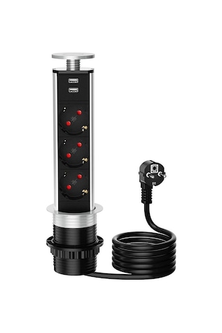 Xtechnx Xtechn476584 Vea Ve-24063 Üçlü 1.5 Metre Kablolu İki Usb Li 80mm Masaüstü Priz 1.5 M
