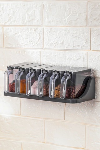 6 Lı Standlı Kendinden Yapışkanlı Kapaklı Kaşıklı Baharatlık Takımı -etiketli Baharatlık Siyah