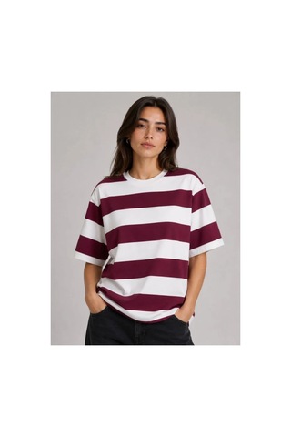 Butik İstanbul Çizgili Oversize Tişört Bisiklet Yaka Kısa Kol Yazlık T-shirt - Bordo