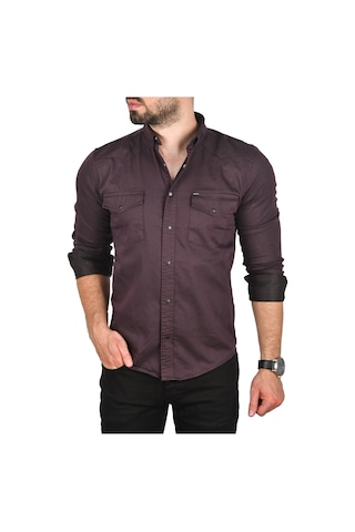 Deepsea Erkek Mürdüm Slim Fit Pamuklu Cepli Kot Gömlek Çıtçıtlı Uzun Kollu Spor Gömlek 2502503 Mürdüm