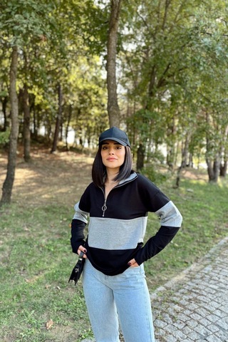 WeShaya Kadın Siyah Uzun Kol, Dik Yaka, Fermuarlı, Double Color Block Basic Sweatshirt Bluz Siyah