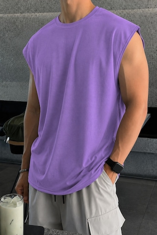 Tarz Cool Erkek Oversize Kolsuz Tişört %100 Pamuk Süprem Basic Bisiklet Yaka Mor