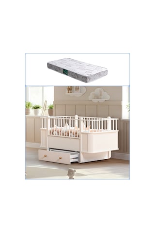 Mdf Beşik, Krem Dünya Çekmeceli Büyüyen Beşik 80x130 - 1 Adet 80x130 Comfort Yatak Beyaz
