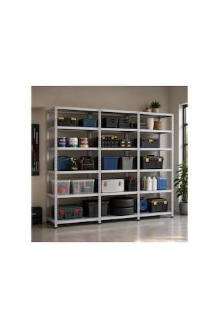 7 Katlı 3'lü Galvaniz Çelik Raf 43x75x250 Cm Depo, Arşiv, Kiler, Dosya, Market Rafı Gri