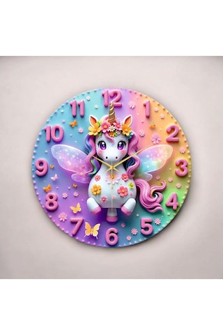 Minik Unicorn Renkli Baskı Tek Boynuzlu At Desenli Sayılı Hediyelik Ahşap Sessiz Duvar Saati 50cm ÇOk Renkli