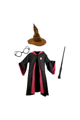 Harry Potter Gryffindor Kapişonlu Cübbe Çocuk Boy + Orjinal Keçeli Şapka + Asa + Gözlük 4 Parça Set