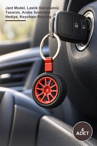 4 Adet Tekerlek Tasarımlı Metal Anahtarlık Jant Model, Lastik Görünümlü Tasarım, Araba Severlere , Keychain Keyring