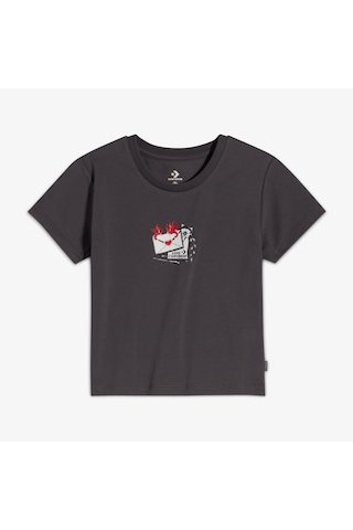 Converse Classic Kadın Slim Fit Baskılı Siyah T-shirt Gri