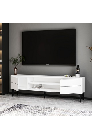 Aragon Modern Tv Sehpası 140 Cm, 2 Kapaklı + 2 Açık Raflı, Siy...