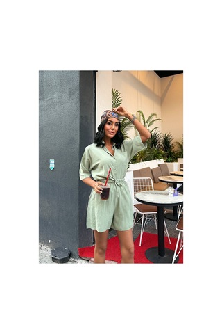 Nido Moda Kadın Cepli Oversize Gömlek Ve Beli Bağcıklı Şort İkili Takım Yeşil
